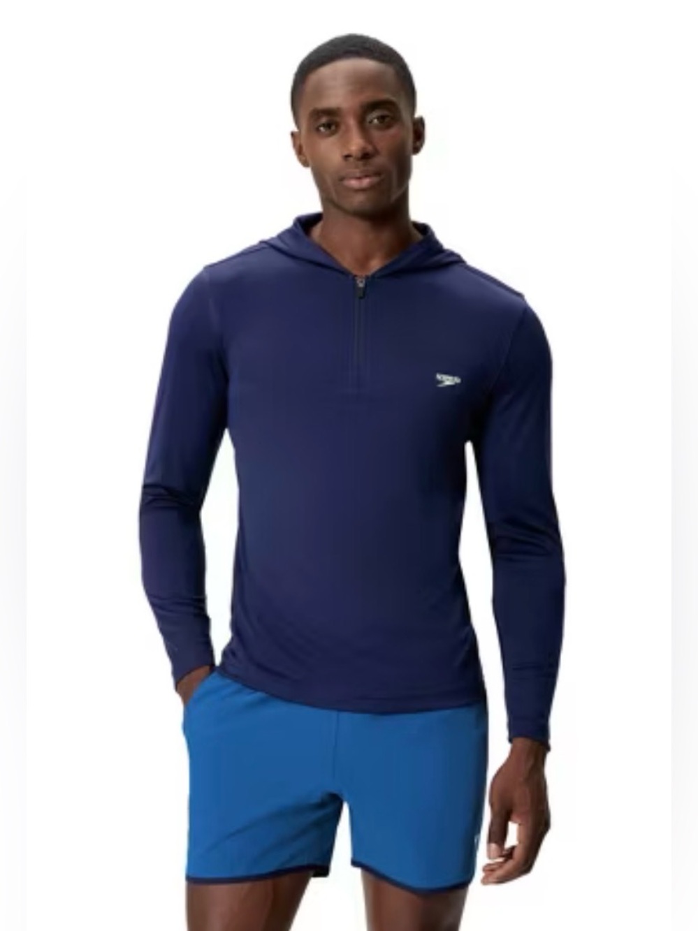 NWT Speedo Men's Navy Long-Sleeve Quarter Zip Hooded Performance Top L